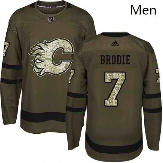 Mens Adidas Calgary Flames 7 TJ Brodie Premier Green Salute to Service NHL Jersey